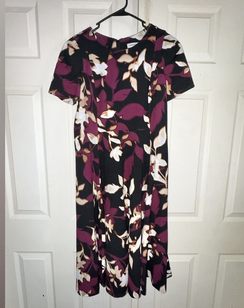 Calvin Klein Women’s Size 12 Black Purple Floral Fit & Flare Midi Dress